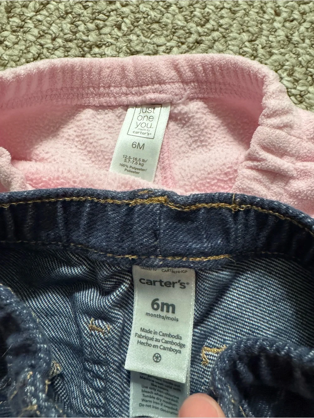 Lot of 2 Baby Girl Carter's Pants Pink Fleece Dark Denim Jeggings 6 Months